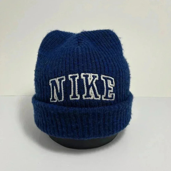 Vintage 90s White Tag Blue Nike Block Letter  Spellout Knit Beanie Hat Cap Toque - Picture 2 of 7